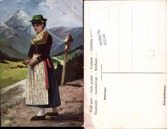 611141, great artists AK Berchtesgaden folk costume traditional dress wayside shrine wayside cross Bible