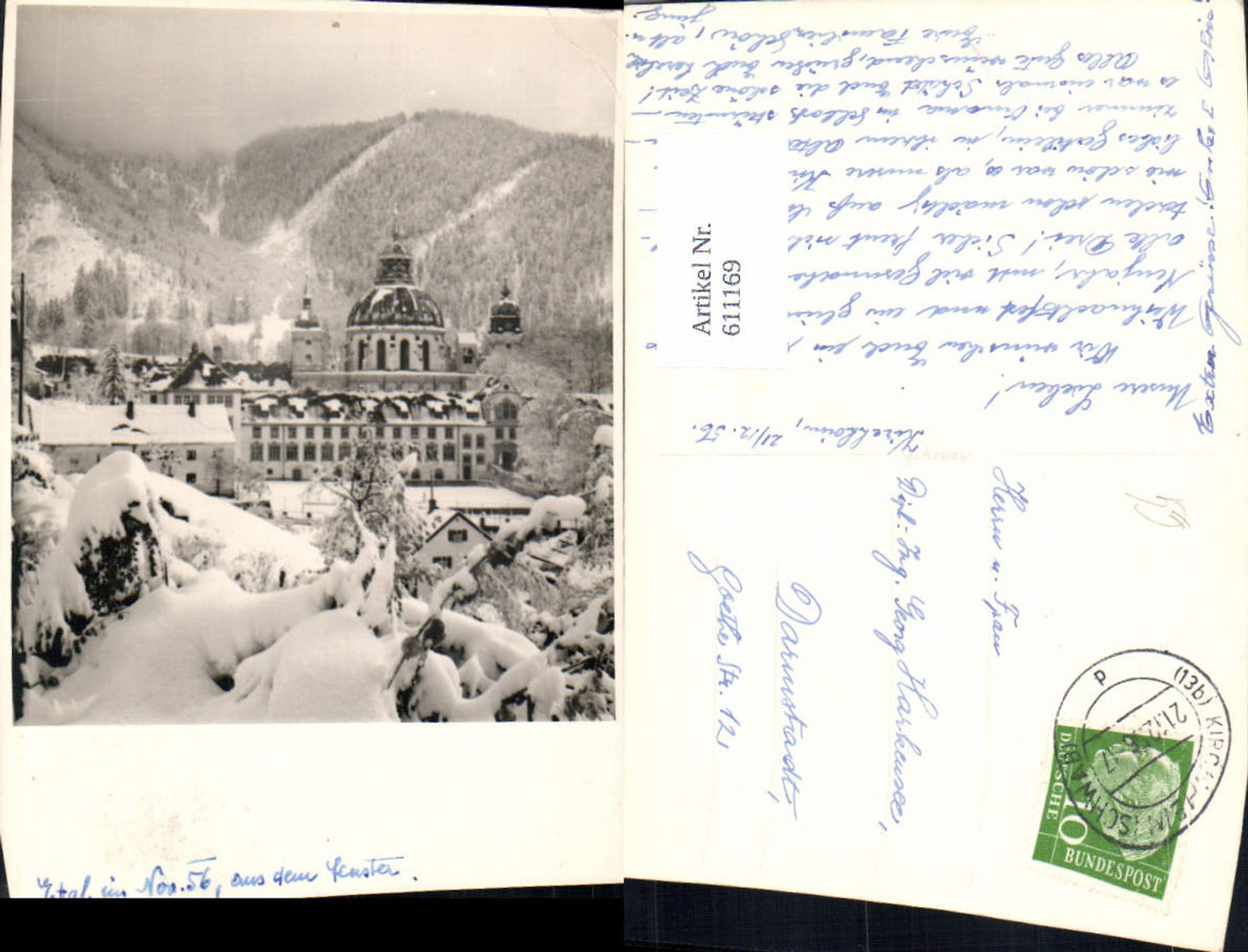 611169, Photo Ak Ettal 1956 Winter view of the monastery