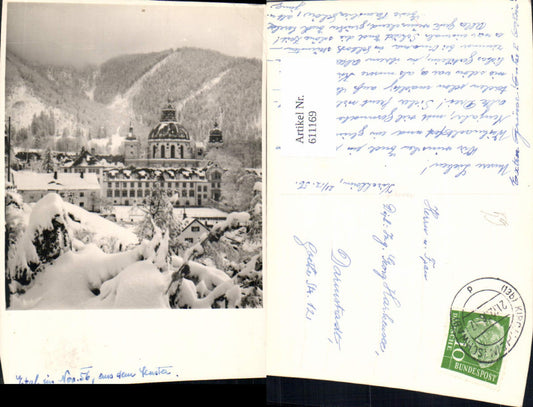 611169, Photo Ak Ettal 1956 Winter view of the monastery