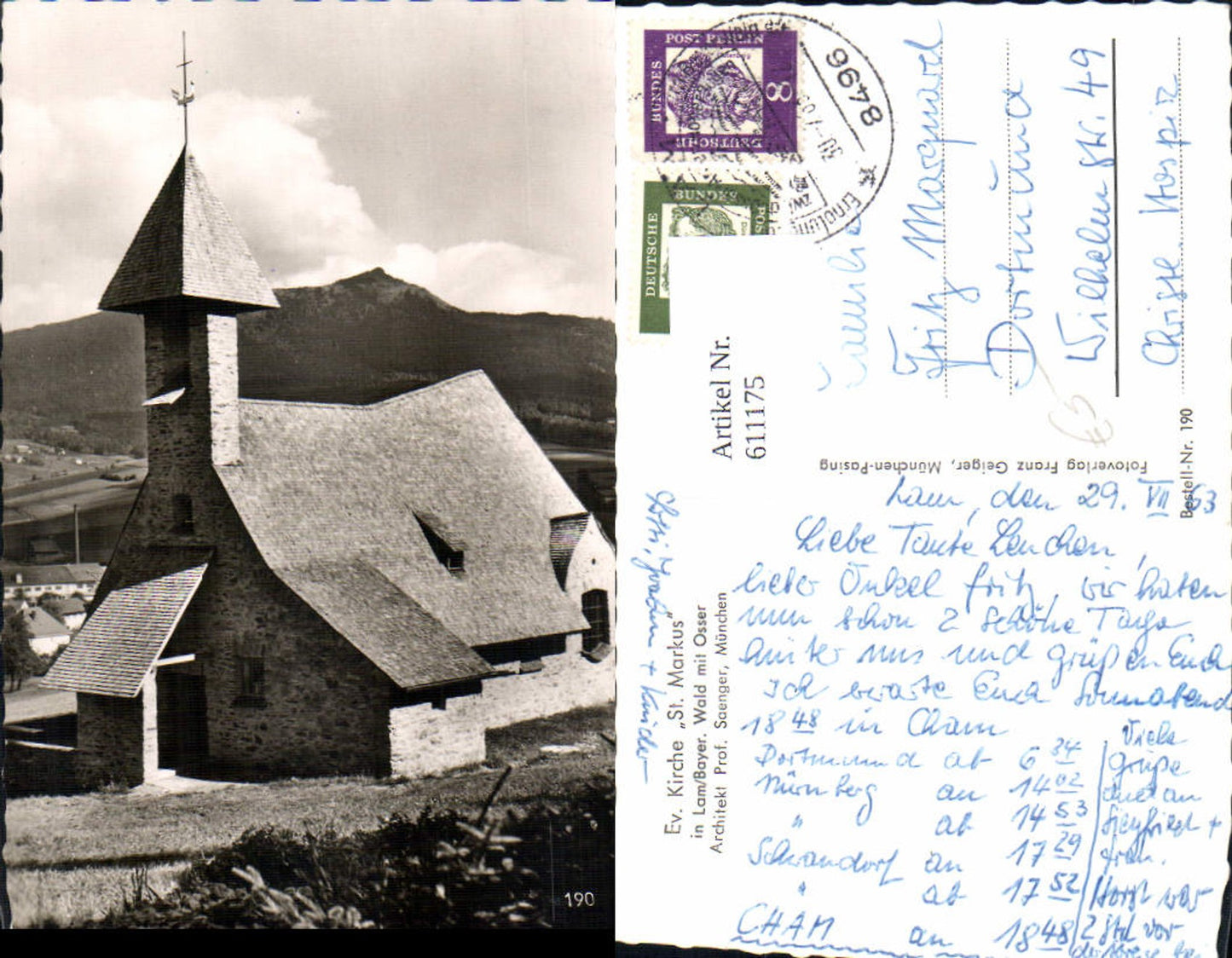611175, Photo Ak Ev. Church St Markus Markt Lam Bayerischer Wald m Osser
