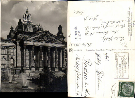 611211,Foto Ak Berlin Portal d. Reichstagsgebäudes Reichstag Springbrunnen Brunnen