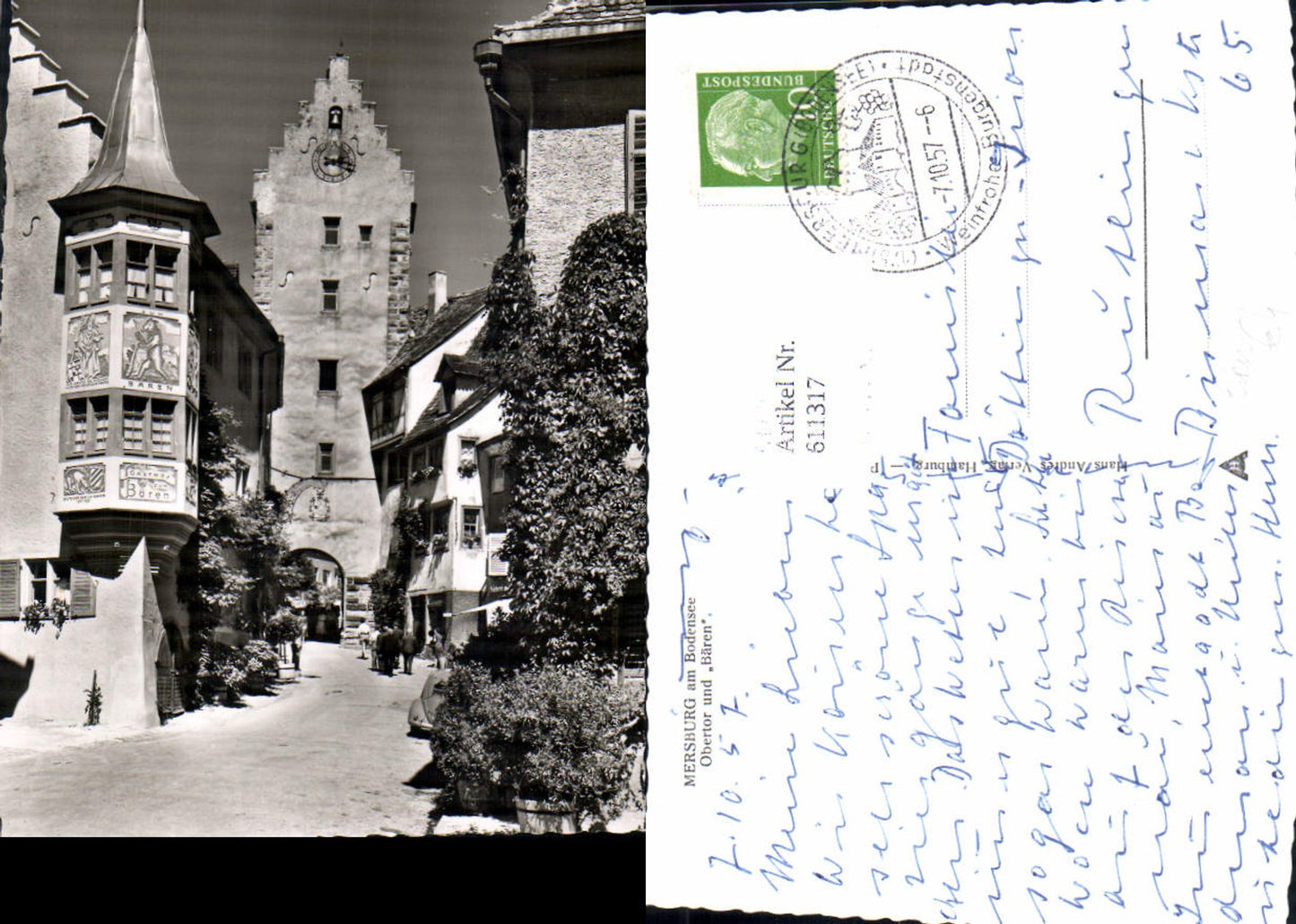 611317,Foto Ak Mersburg a. Bodensee Obertor u. Bären Erker