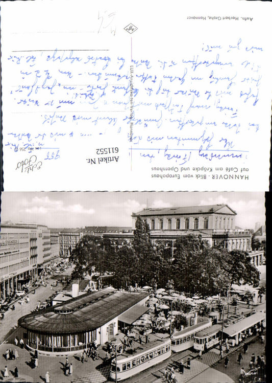 611552,Foto Ak Hannover Blick v. Europahaus auf Cafe a. Kröpcke u. Opernhaus Straßenbahn