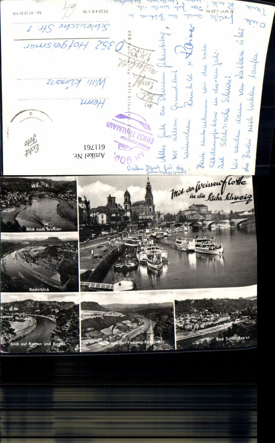 611761, Multi-image postcard Saxon Switzerland White Fleet Königstein Bad Schandau Bastei view Ships Steamers