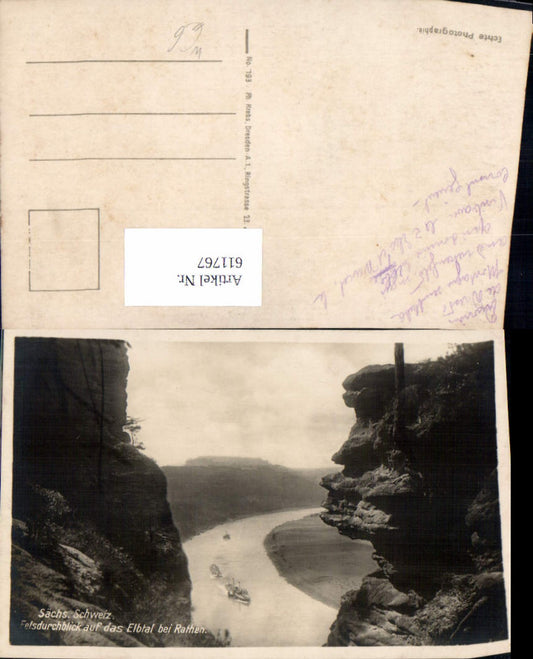 611767,Foto Ak Sächsische Schweiz Felsdurchblick a. d. Elbtal Rathen Schiffe Dampfer