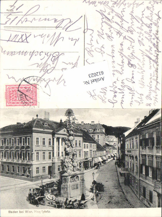 612023,tolle AK Baden bei Wien Hauptplatz m. Kutschen