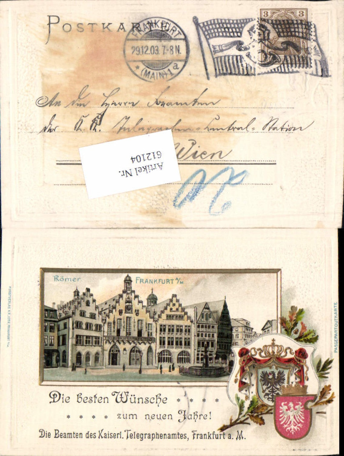 Präge Passepartout Litho Frankfurt am Main Passepartoutkarte Beamten d. Kaiserlichen Telegraphenamtes