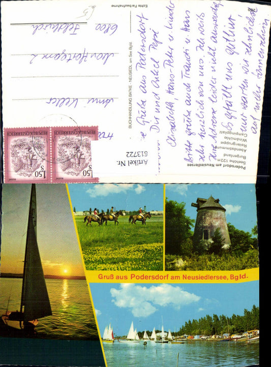 613722,Mehrbild Ak Podersdorf a. See Windmühle Reiten Pferde Segelboot Segeln