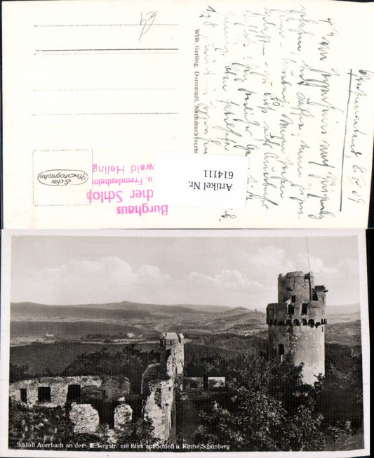 614111,Foto Ak Bensheim Auerbach Schloss Auerbach a. d. Bergstraße m. Blick auf Schloss u. Kirche Schönberg