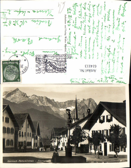 614113, Photo Ak Garmisch-Partenkirchen Floriansplatz Statue