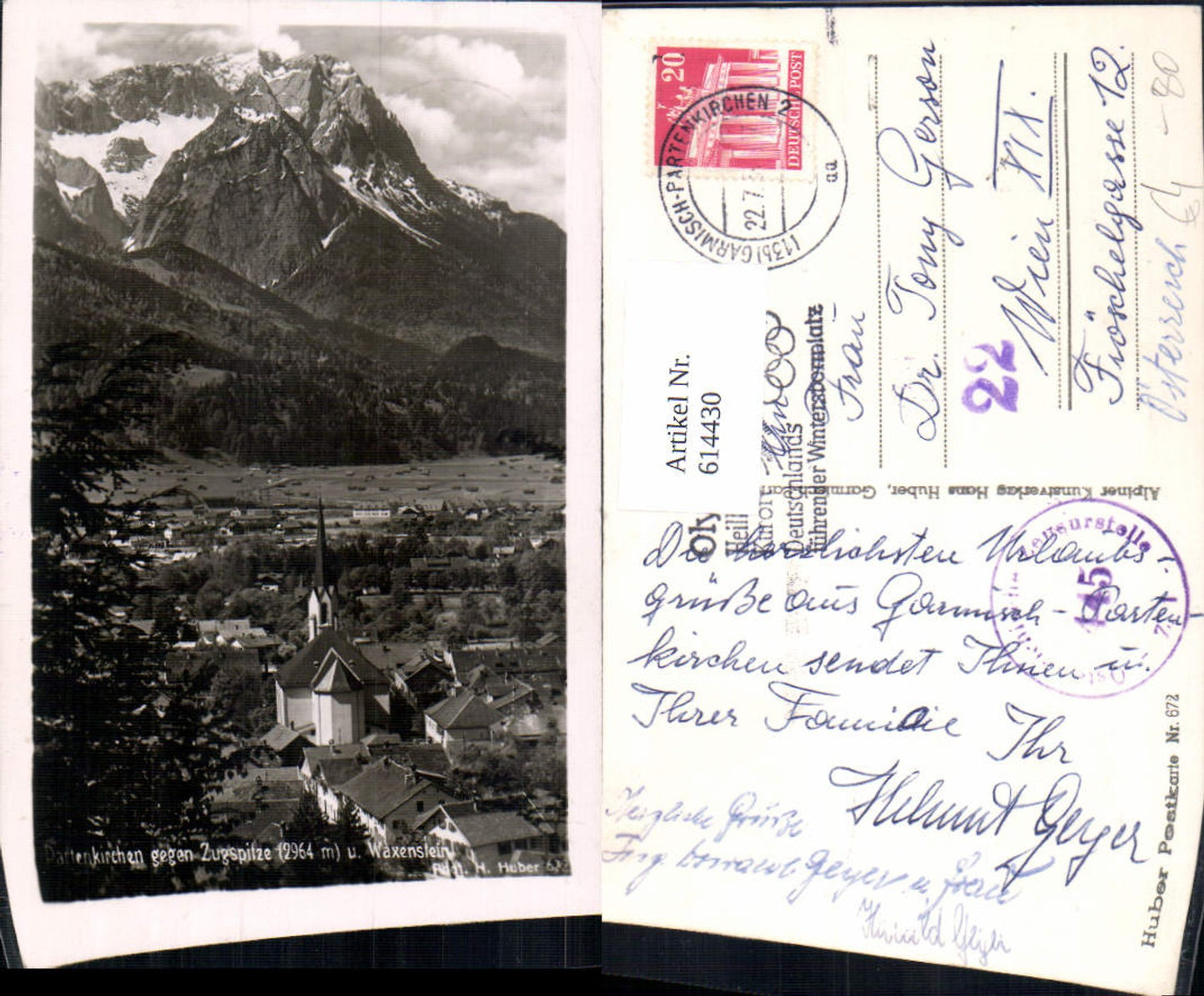 614430, Photo postcard Garmisch-Partenkirchen towards Zugspitze and Waxenstein