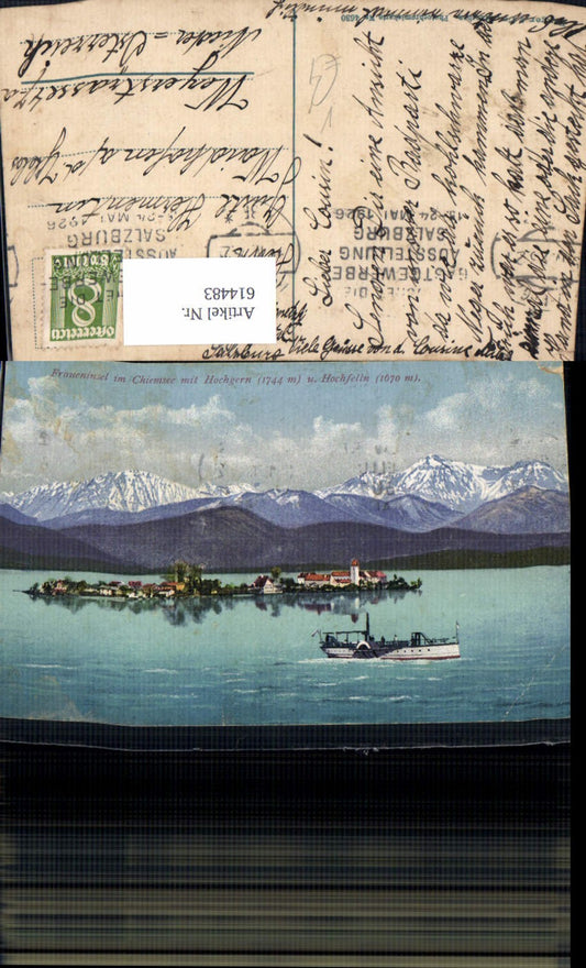 614483, Fraueninsel in Chiemsee with Hochgern and Hochfelln, ship/steamer, Chiemsee municipality, Purger Co. 4630