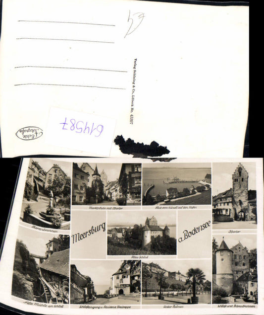 614587, Multi-image postcard Meersburg on Lake Constance Bear Fountain Under Palm Trees Castle