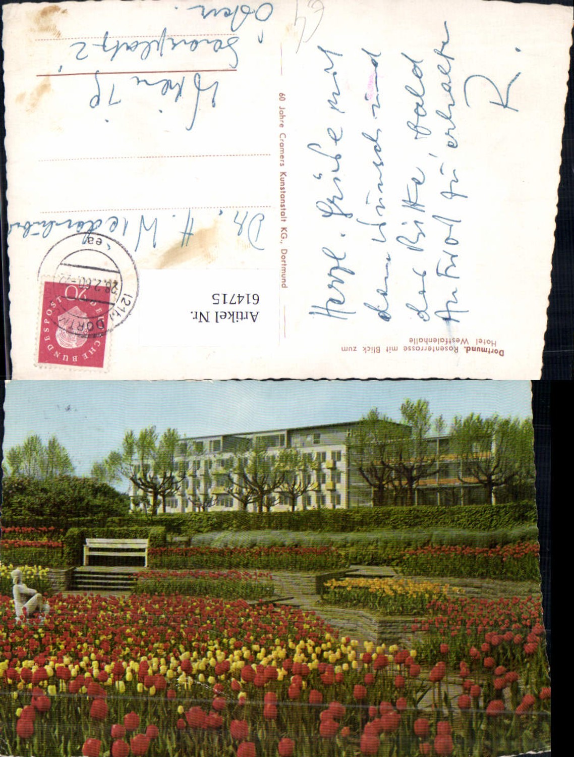 614715,Dortmund Rosenterrasse m. Blick z. Hotel Westfalenhalle Blumen Tulpen