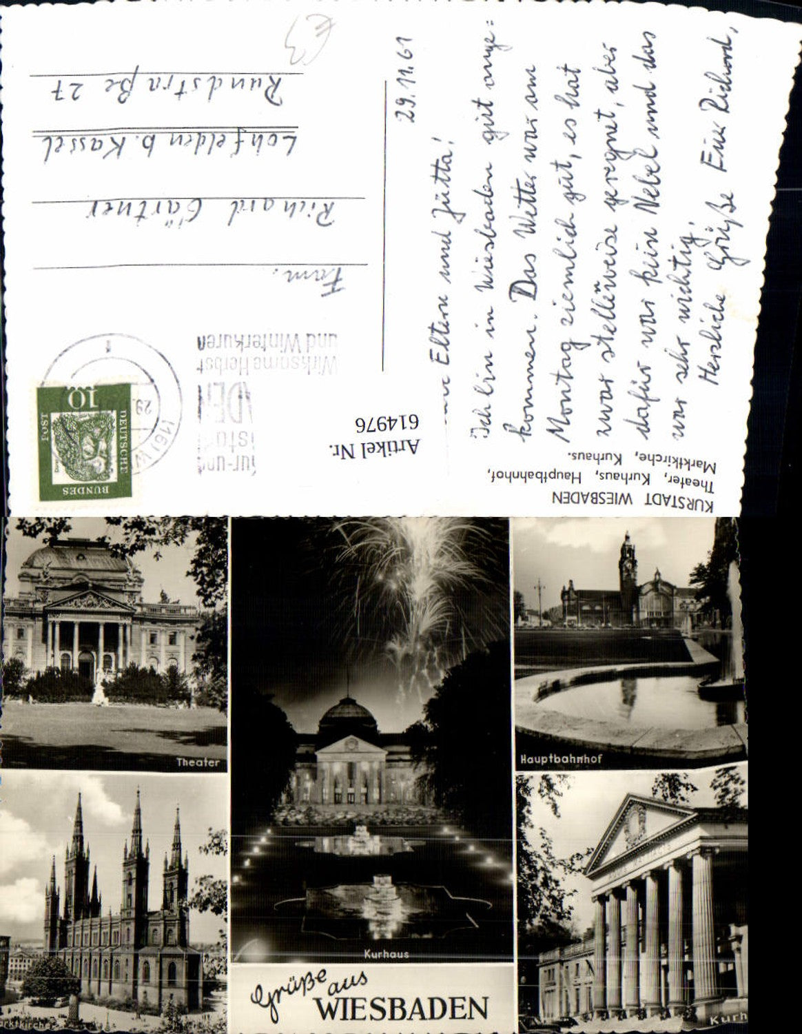 614976,Mehrbild Ak Wiesbaden Theater Kurhaus Bahnhof Marktkirche Feuerwerk