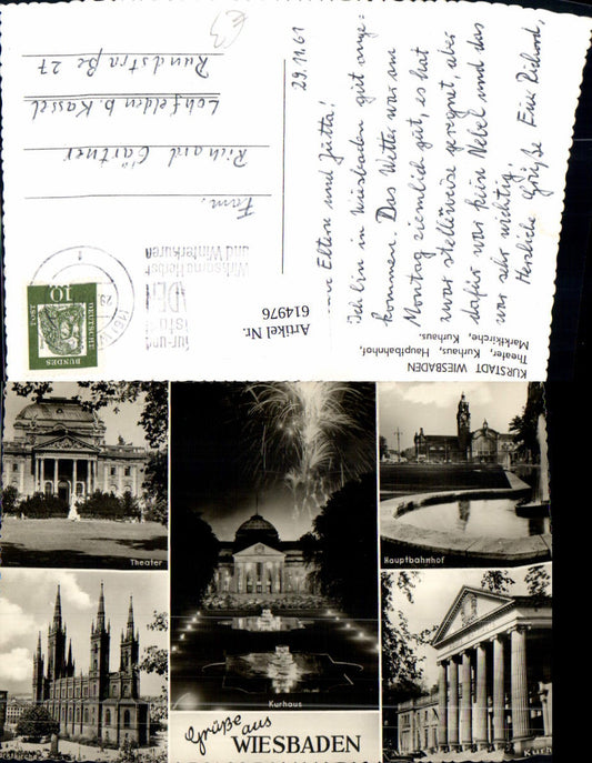 614976,Mehrbild Ak Wiesbaden Theater Kurhaus Bahnhof Marktkirche Feuerwerk
