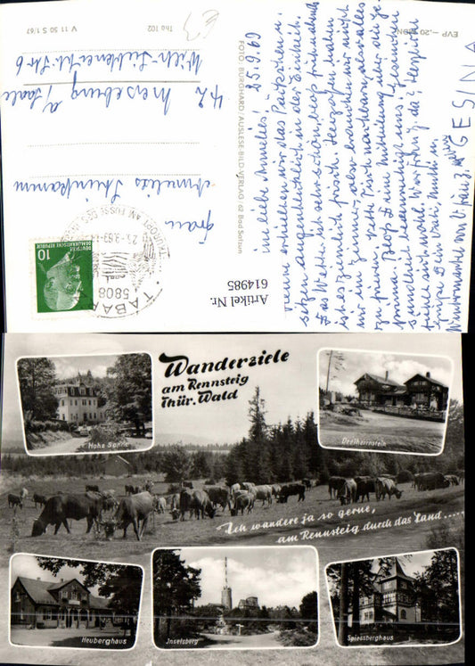 614985, Multi-image postcard Rennsteig Thuringian Forest Dreiherrnstein Heuberghaus Rosenthal am Rennsteig Cattle Cows