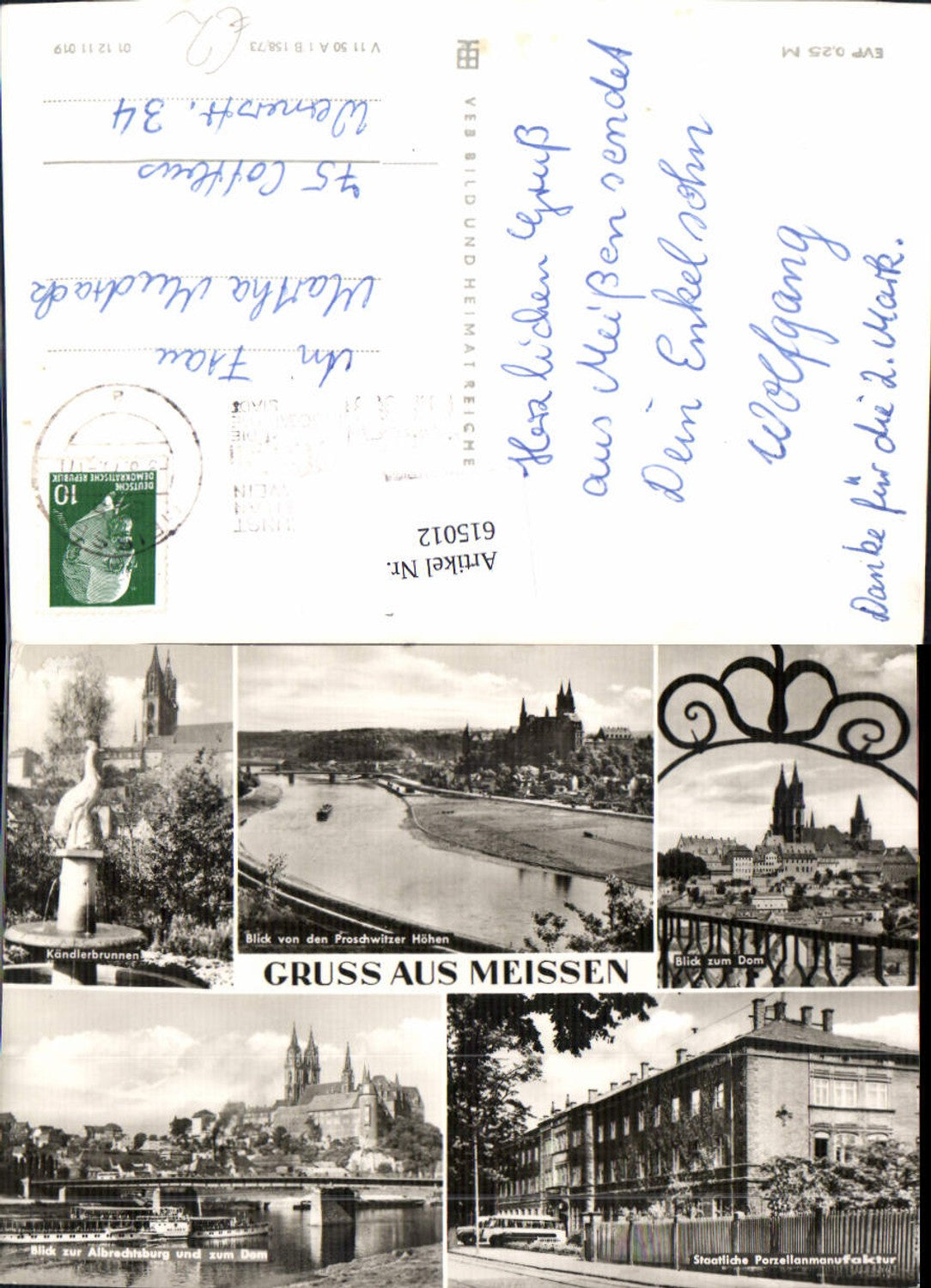 615012, Multi-image postcard Meissen Kändlerbrunnen view towards the cathedral