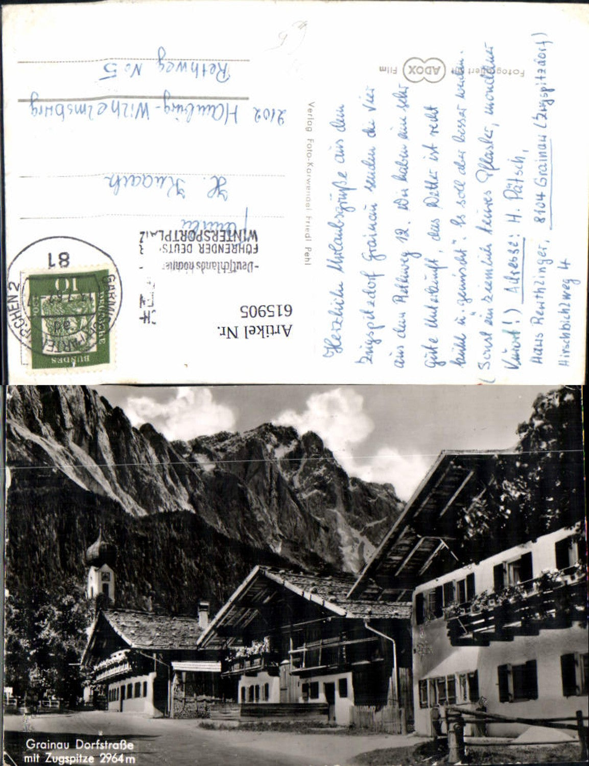 615905, Photo Ak Grainau Dorfstraße m. Zugspitze