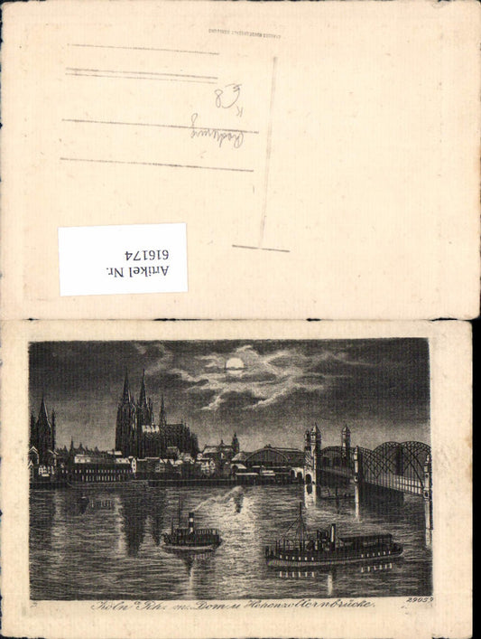 616174,Künstler Ak Radierung Köln a. Rhein m. Dom u. Hohenzollernbrücke Schiff Dampfer