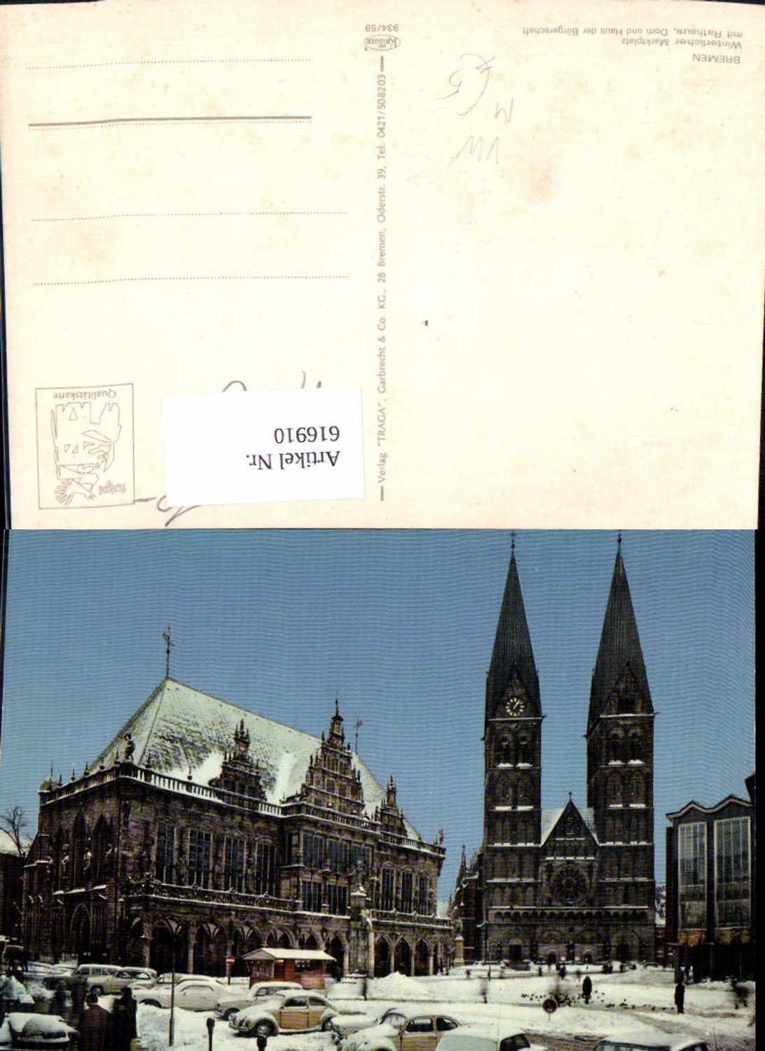 616910,Bremen Winterlicher Marktplatz m. Rathaus Dom u. Haus d. Bürgerschaft VW Käfer