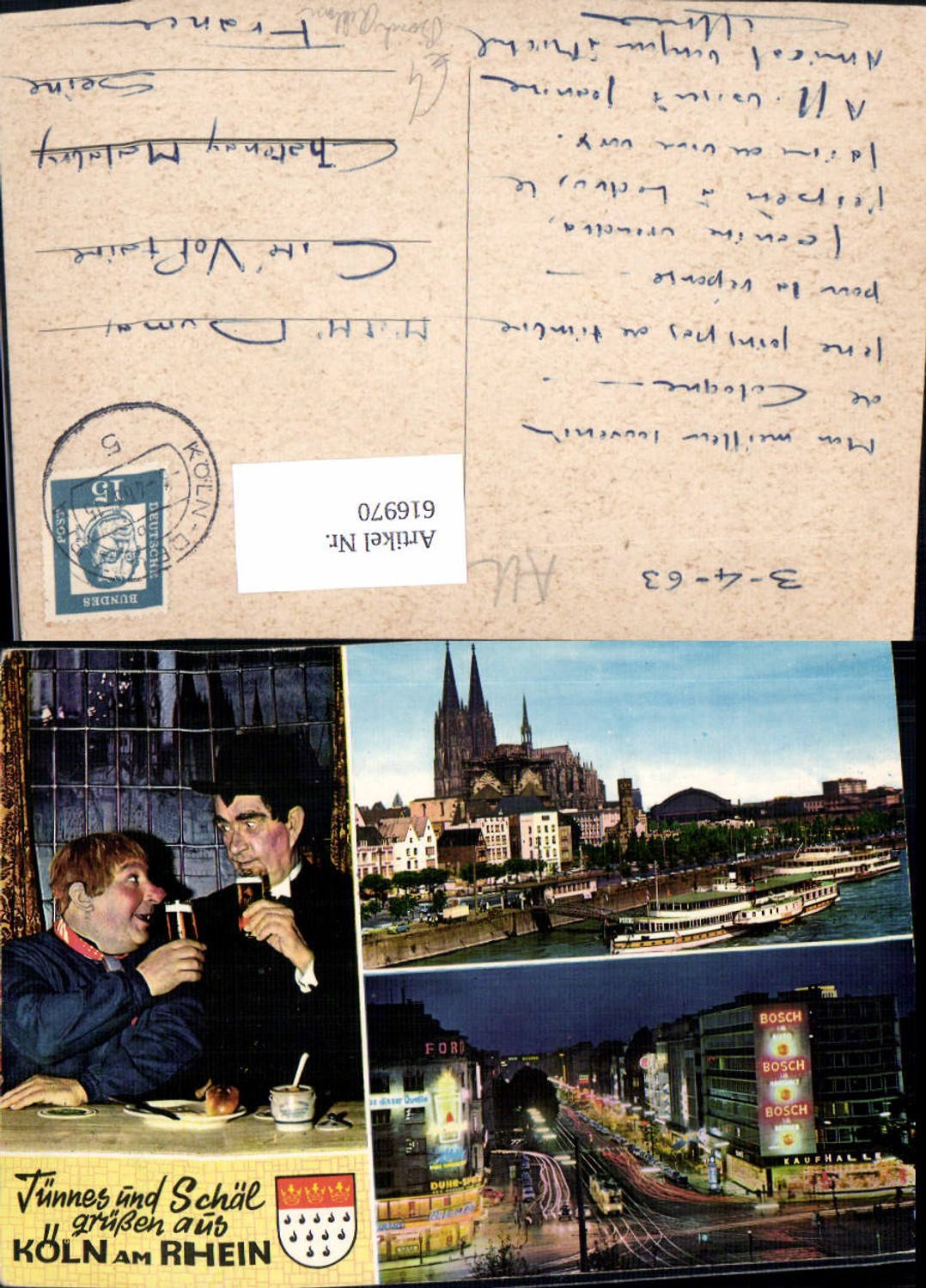 616970,Mehrbild Ak Köln a. Rhein Dom Tünnes u. Schäl Puppen Hänneschen-Puppentheater Bosch Reklame