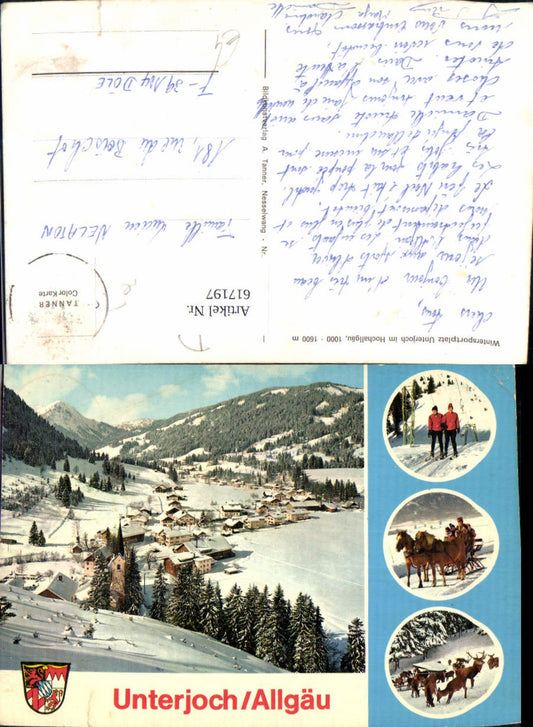 617197,Mehrbild Ak Unterjoch i. Hochallgäu Wintersport Pferdeschlitten Wild Hirsch
