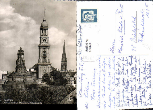617447,Foto Ak Hamburg Bismarck-Denkmal Michaelis- und Nicolai-Kirche