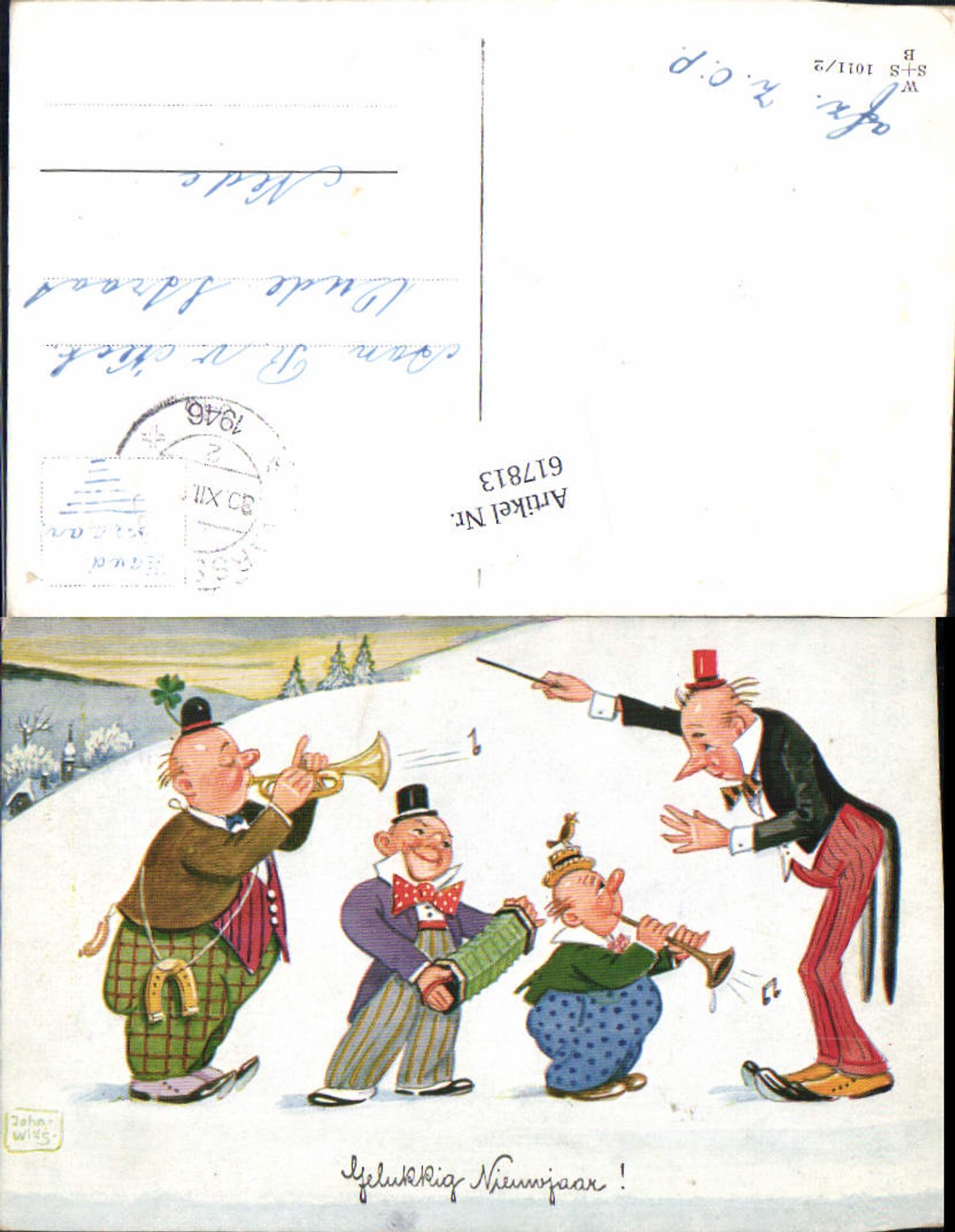 617813,Künstler AK John Wills Willi Scheuermann Neujahr Humor