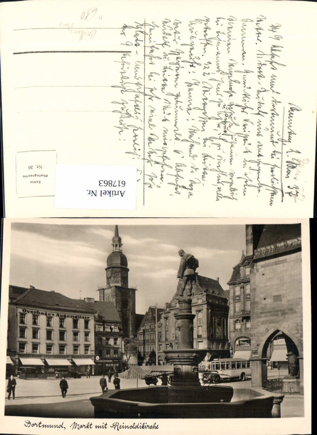 617863,Foto Ak Dortmund Markt m. Reinoldikirche Kirche Brunnen Bus Postbus