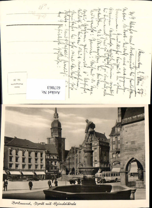 617863,Foto Ak Dortmund Markt m. Reinoldikirche Kirche Brunnen Bus Postbus