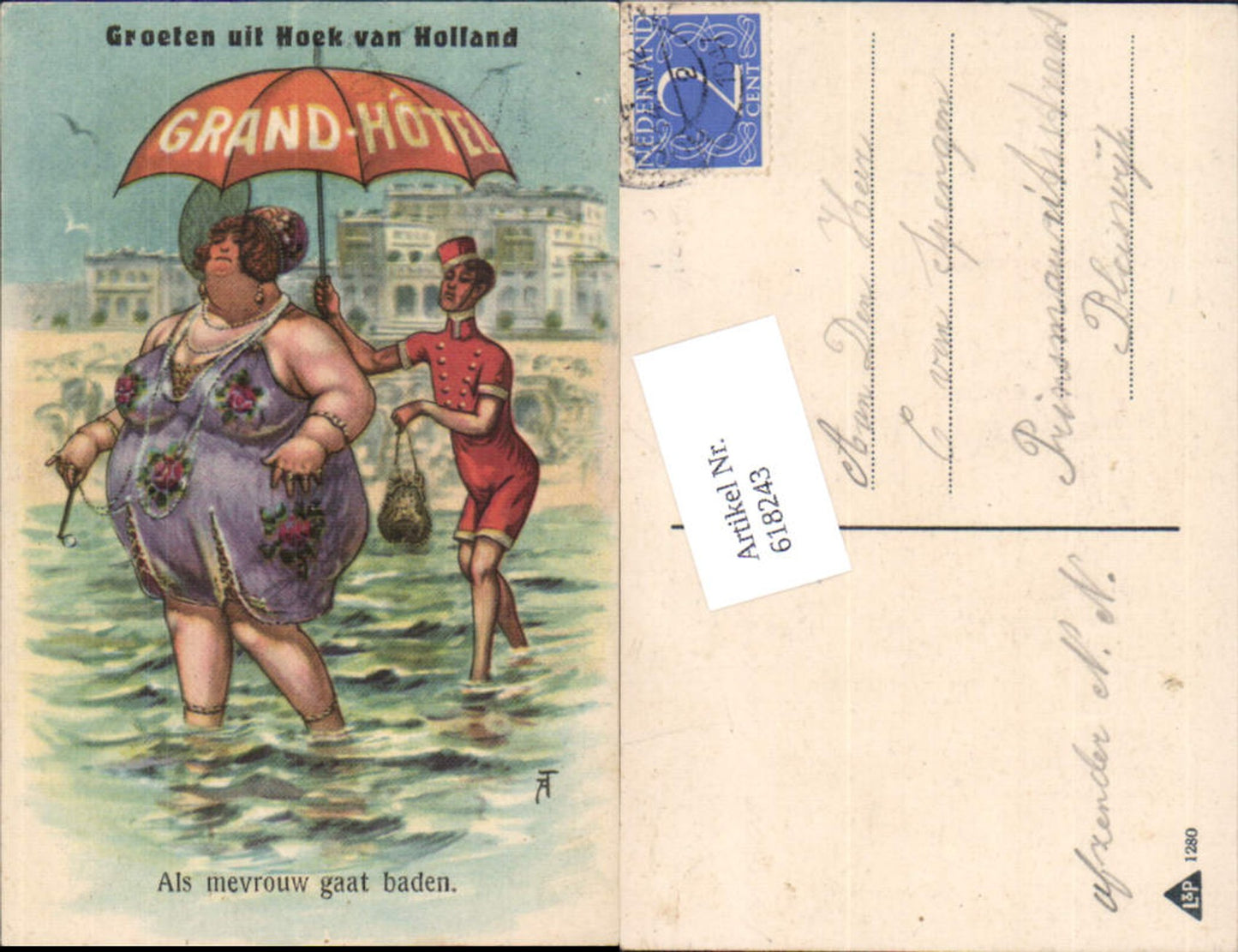 618243,Künstler AK Arthur Thiele Humor Scherz Völlerei Hoek van Holland Schirm