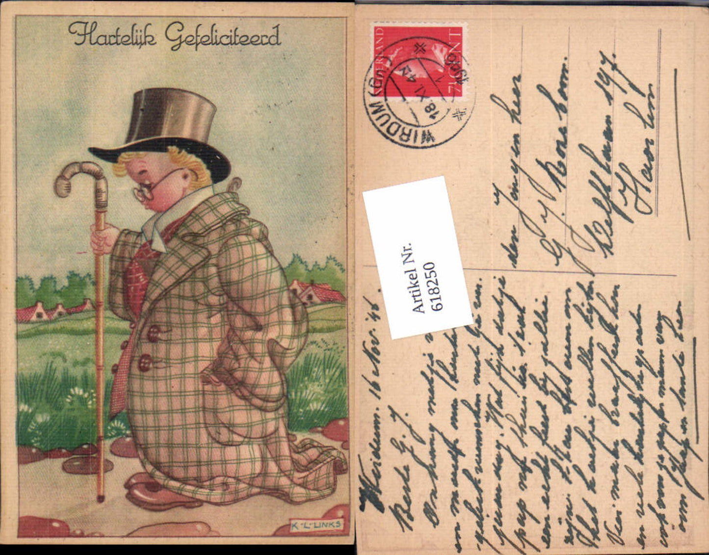 618250,Künstler AK Karel Links Kind Gehstock Hut Zylinder Kind als Erwachsener Humor