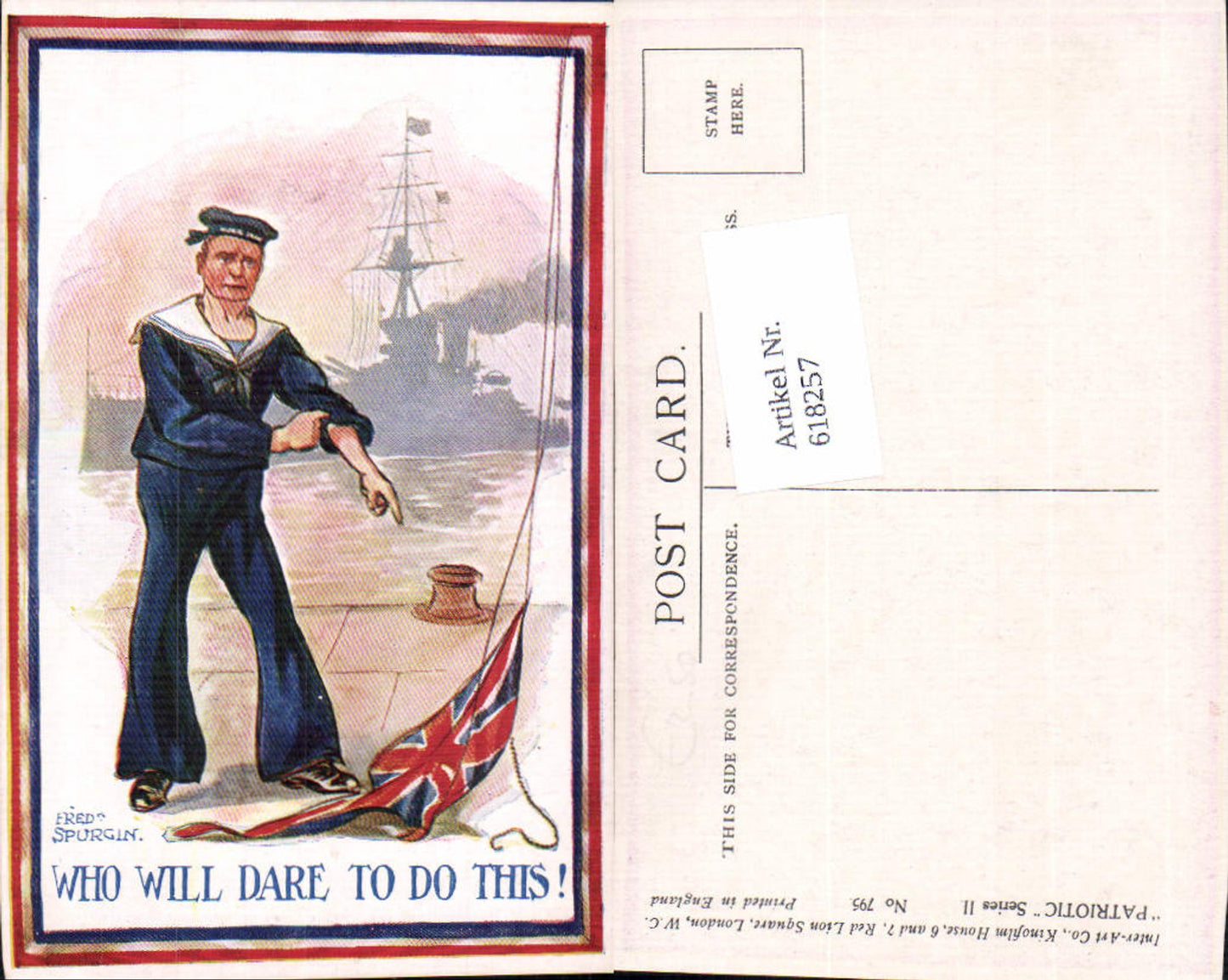 618257,Künstler AK Fred Spurgin Seemann Matrose Patriotic Series II No. 795 Kriegsmarine Marine