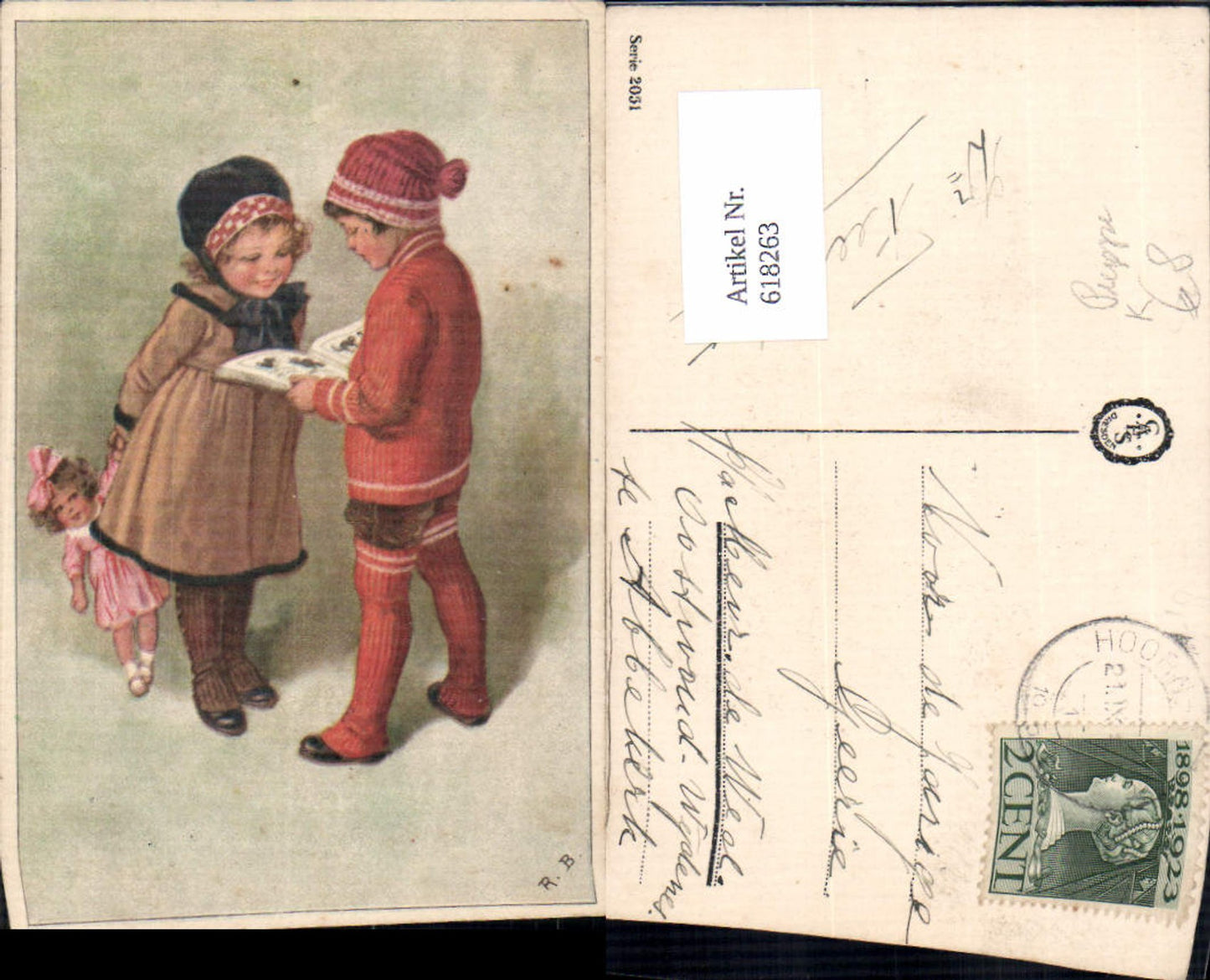 618263,Künstler AK R. B. Kinder lesen Bilderbuch Puppe