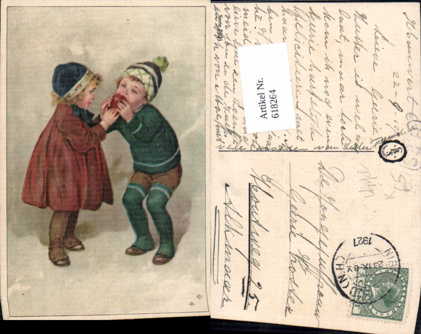 618264,Künstler AK R. B. Kinder Apfel Mädchen Junge