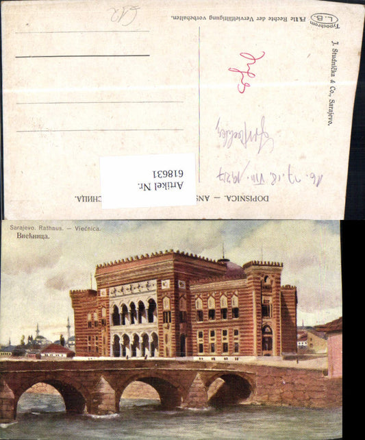 618631,Künstler Ak Sarajevo Rathaus Viecnica Brücke Bosnia