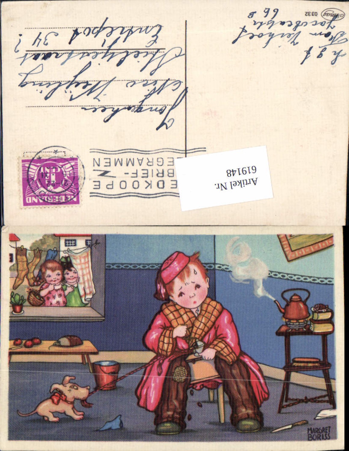 619148,Künstler AK Margret Boriss Humor Hund Obdachloser Kind Teekanne Tee