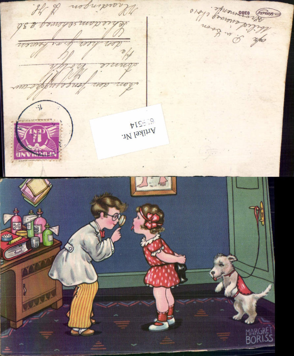 619514,Künstler AK Margret Boriss Humor Hund Kinder Doktor Arzt