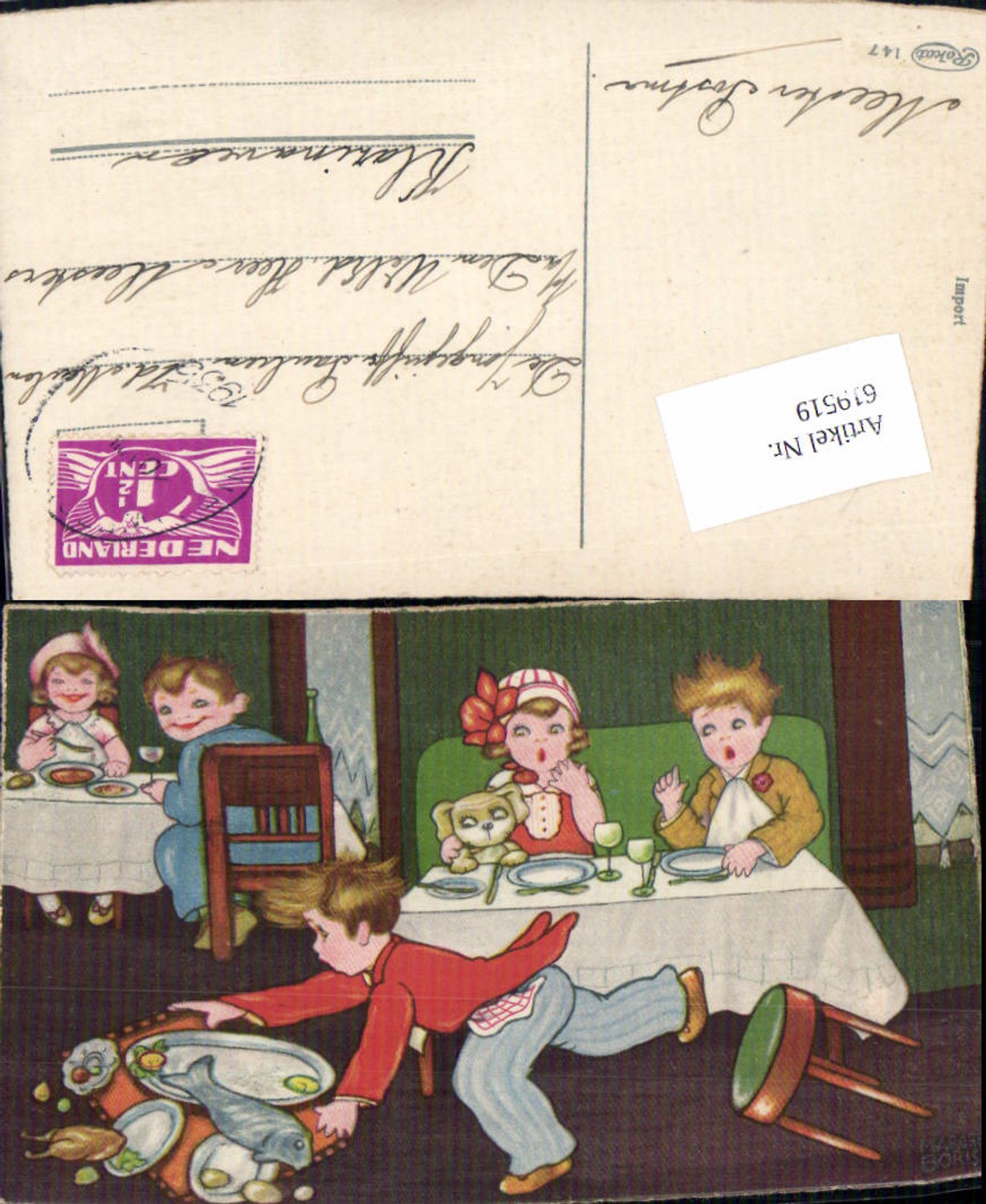 619519,Künstler AK Margret Boriss Humor Kinder Essen Kellner fällt