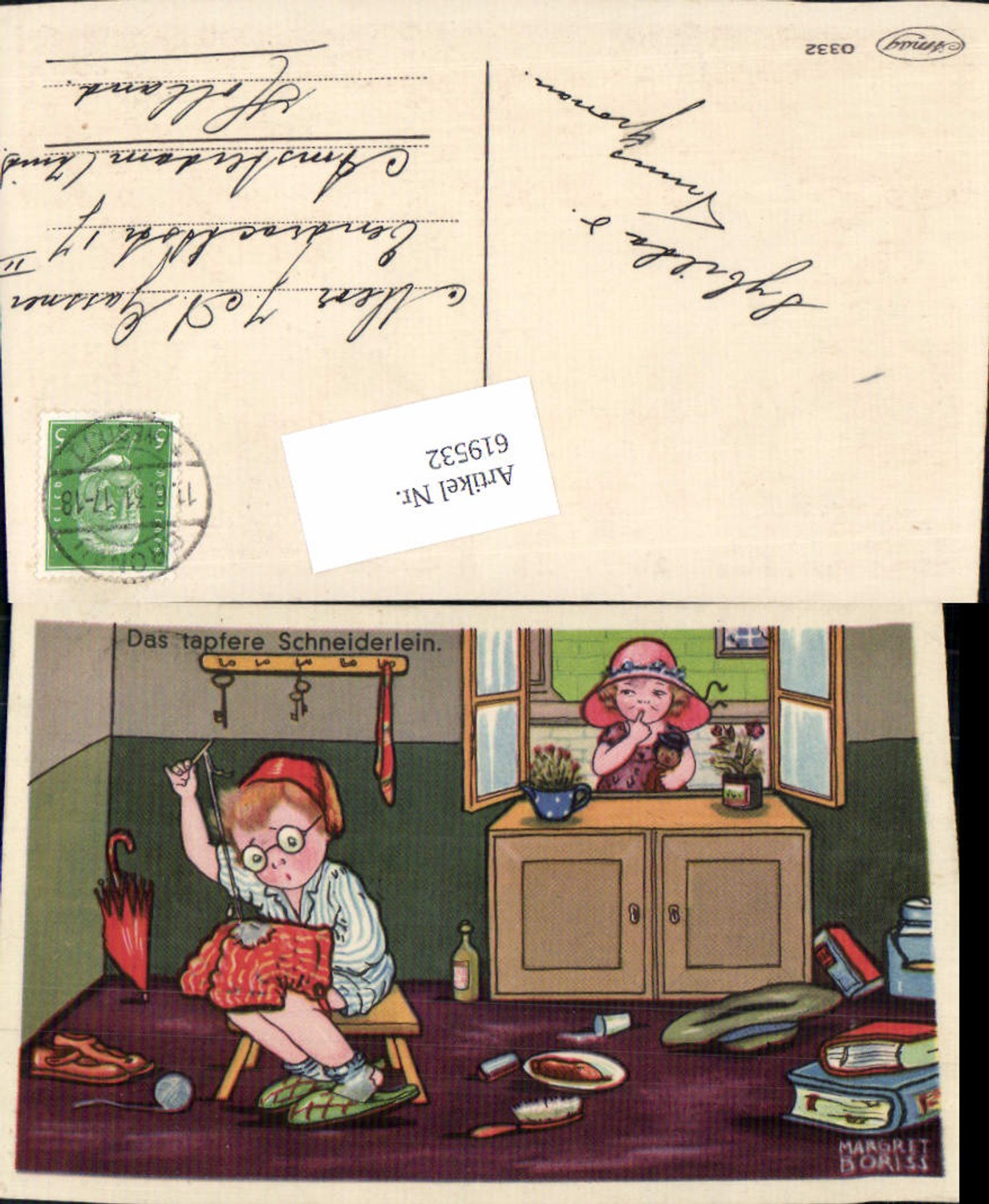 619532,Künstler AK Margret Boriss stricken nähen Humor Tapfere Schneiderlein