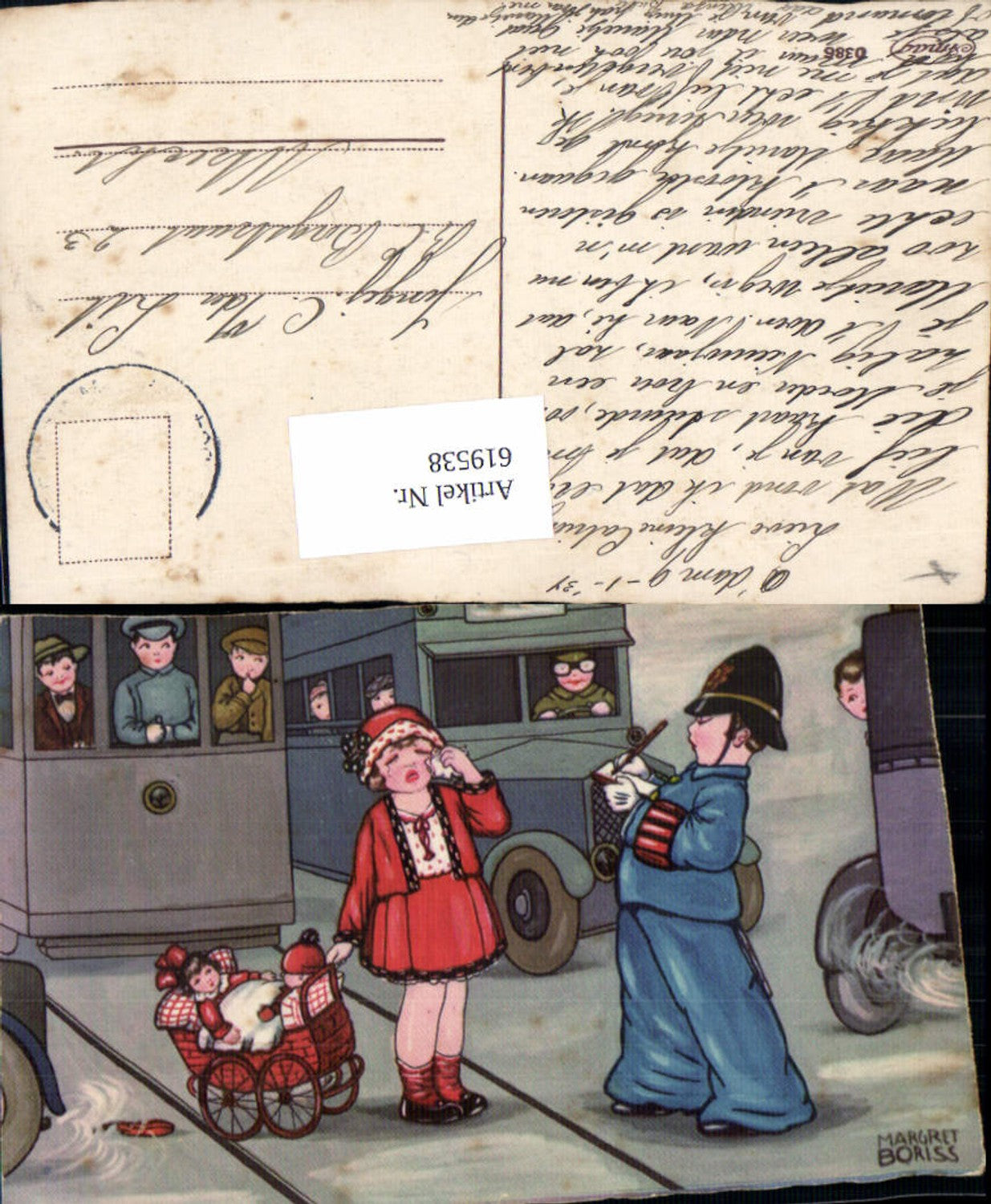 619538,Künstler AK Margret Boriss Puppe Bus Humor Polizist Polizei
