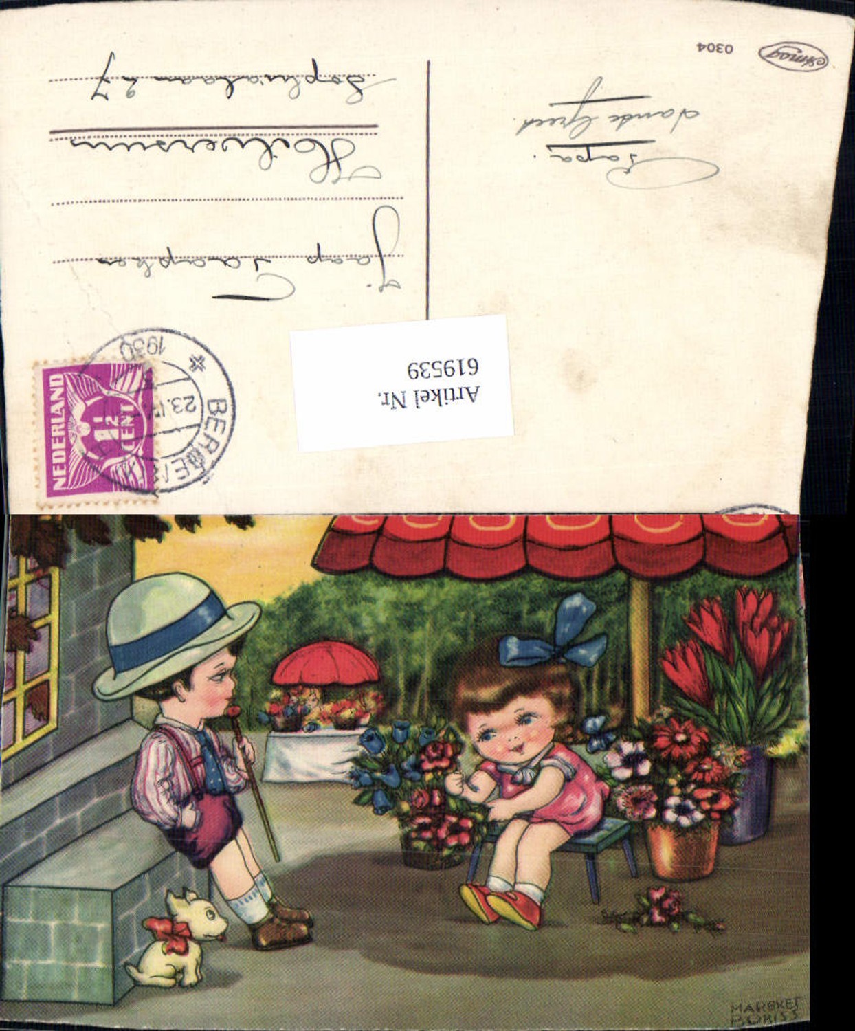 619539,Künstler AK Margret Boriss Hund Kinder Blumen