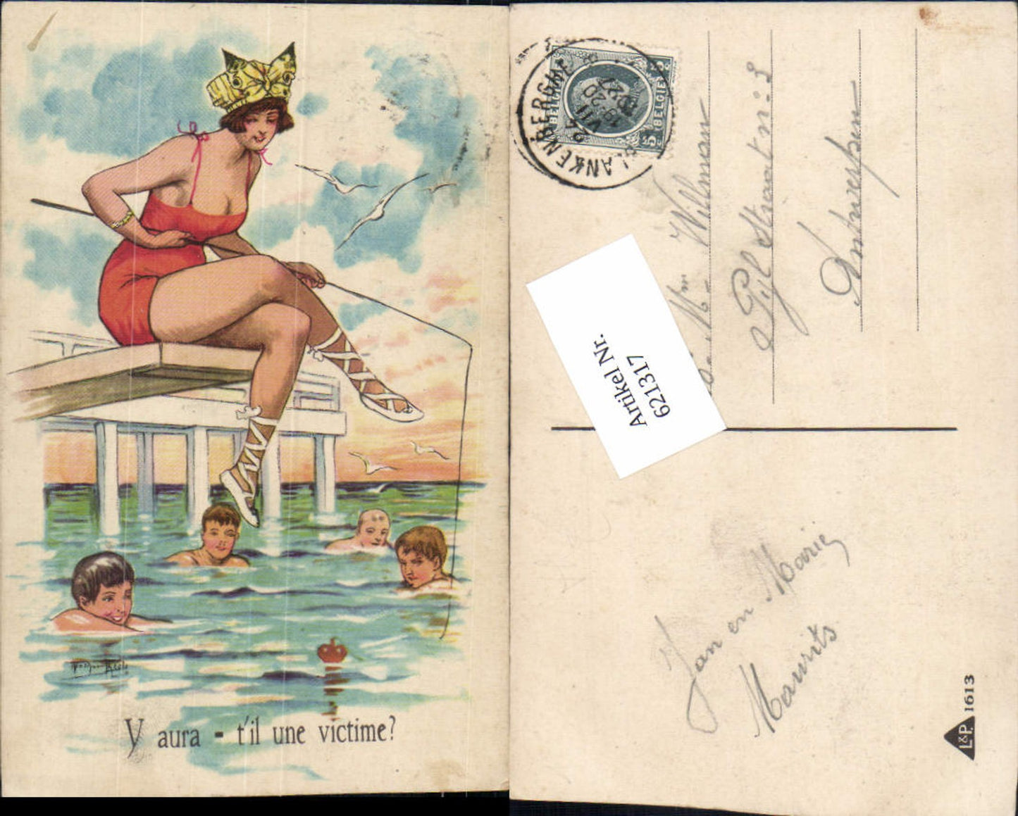 621317,tolle Künstler AK Arthur Thiele Frau fischt Männer Humor Emanzipation