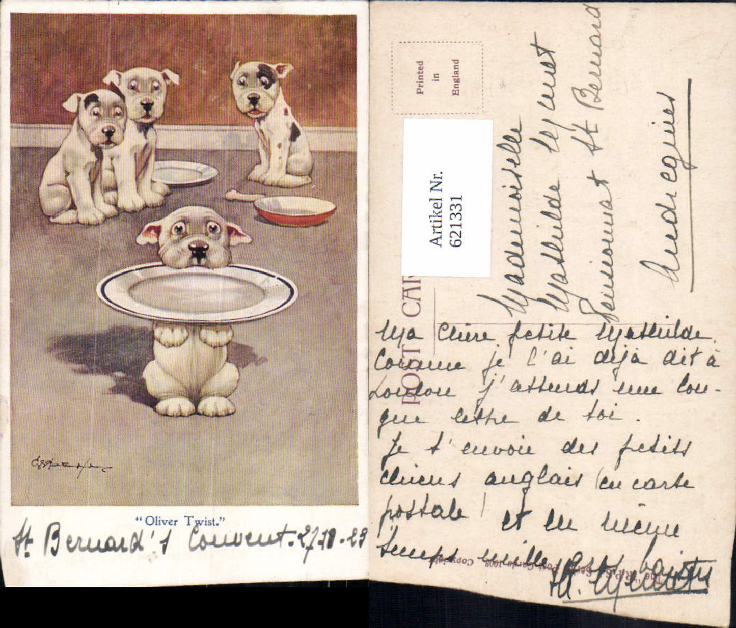 621331, great artists AK George E. Studdy Bonzo Oliver Twist Humor Dog Plate