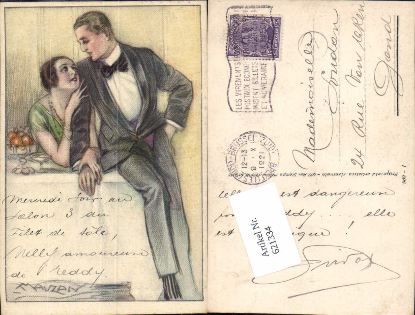 tolle Künstler AK Lucien Achille Mauzan Glamour Frau Mann Liebe Anzug Art Deco