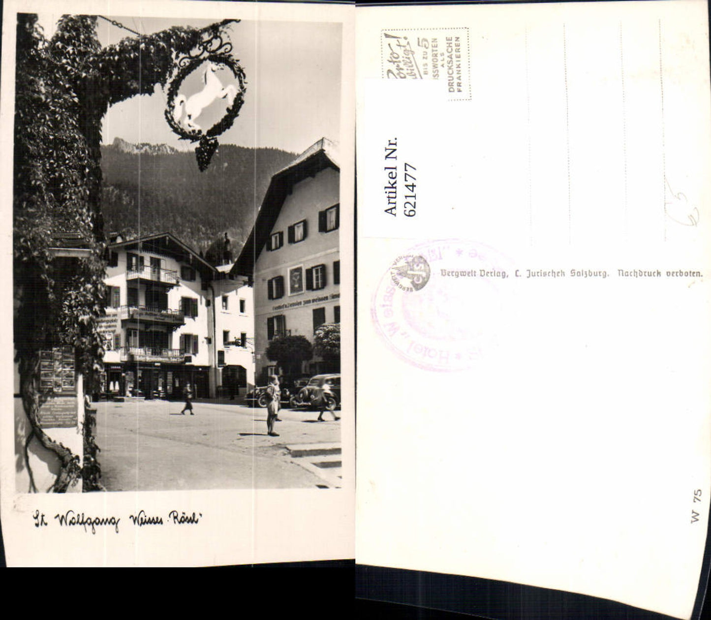 621477,Foto Ak Sankt Wolfgang im Salzkammergut Weisses Rössl Ansicht Schild Pferd