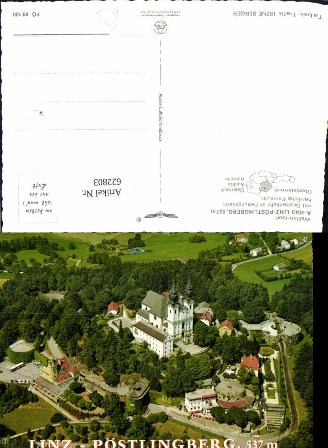 622803,Linz a. d. Donau Wallfahrtsort Pöstlingberg Grottenbahn m. Festungsturm pub Alpine Luftbild FÖ 63100