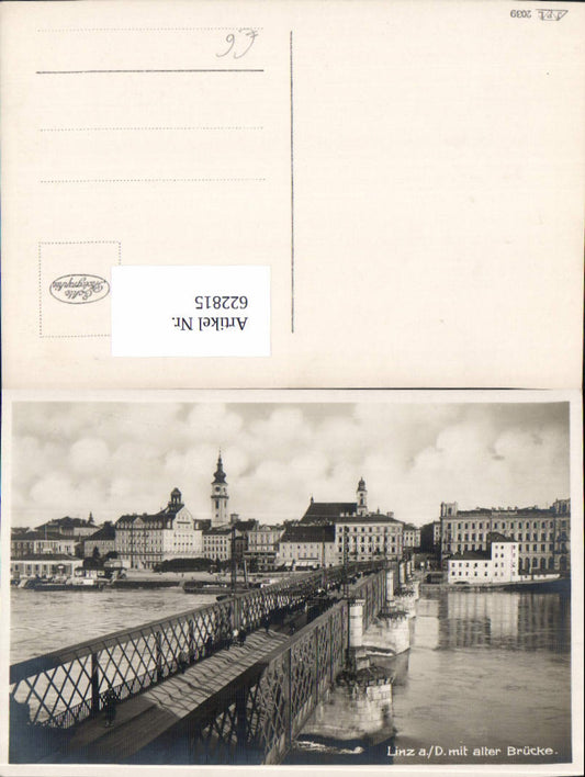 622815,Foto Ak Linz a. d. Donau mit alter Brücke Straßenbahn