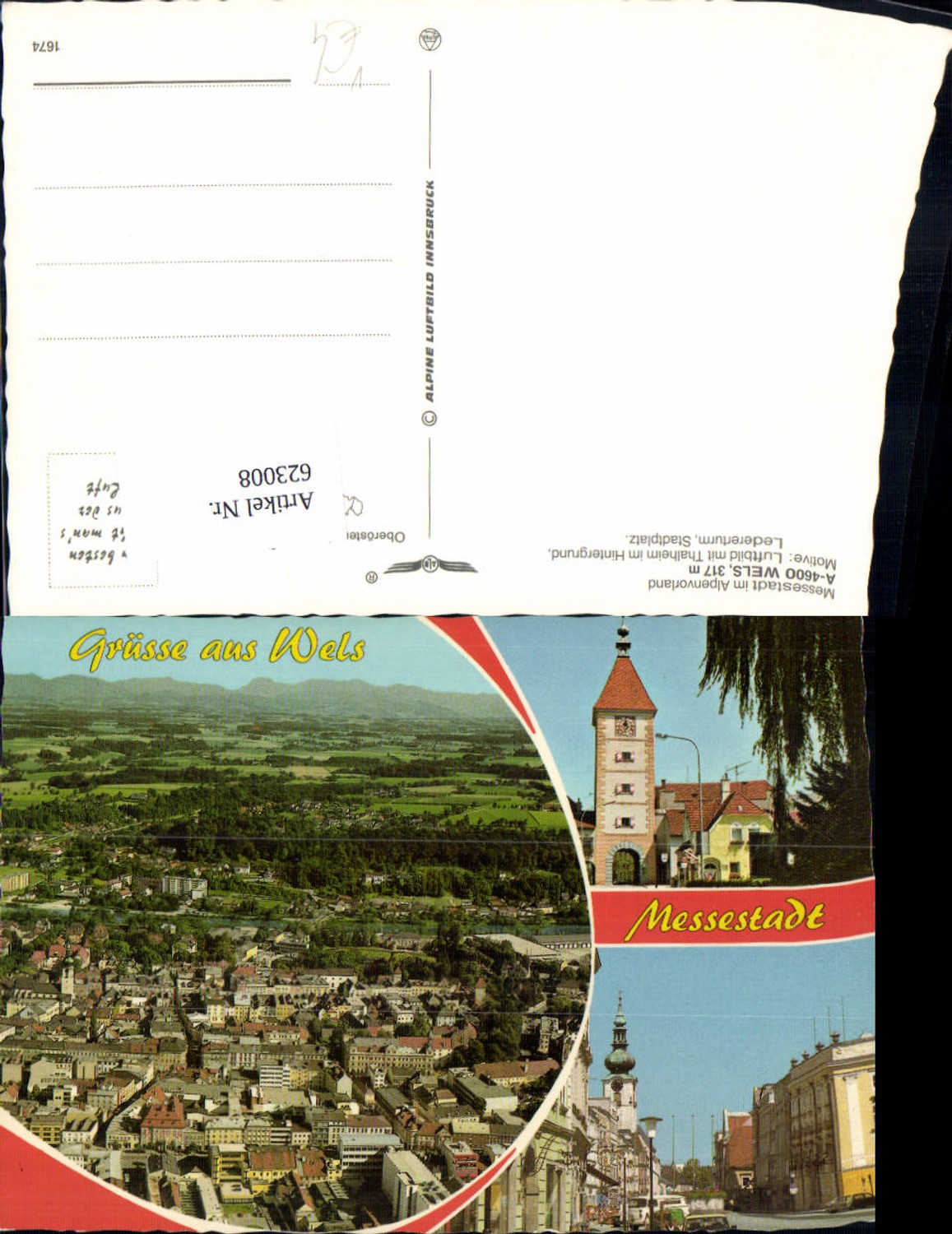 623008,Mehrbild Ak Wels m. Thalheim Ledererturm Stadtplatz pub Alpine Luftbild 1674